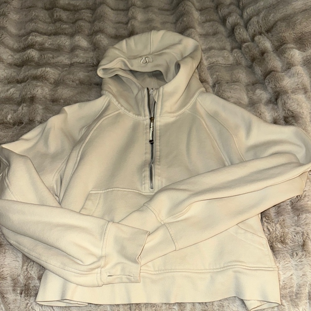Crop Cream Hooded Sweatshirt with Half-Zip